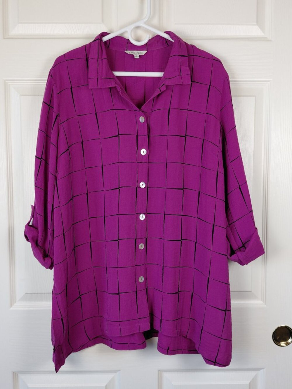 John Mark Womens L Purple Windowpane Button up Artsy Blouse